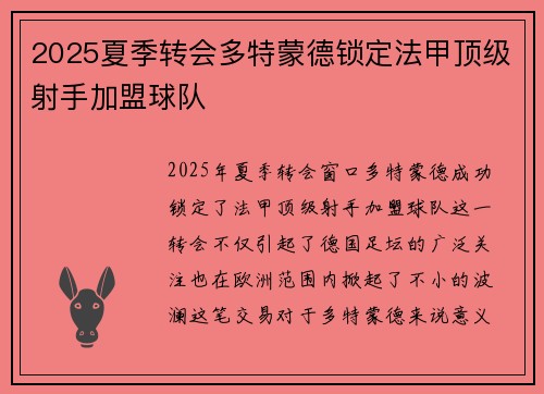 2025夏季转会多特蒙德锁定法甲顶级射手加盟球队