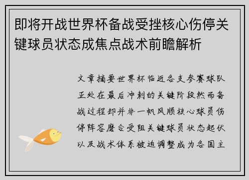 即将开战世界杯备战受挫核心伤停关键球员状态成焦点战术前瞻解析 即将开战世界杯备战受挫核心伤停关键球员状态成焦点战术前瞻解析