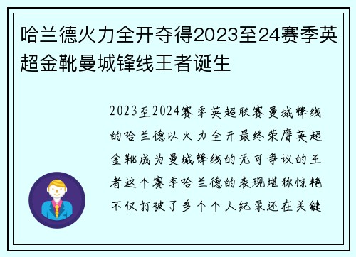哈兰德火力全开夺得2023至24赛季英超金靴曼城锋线王者诞生 哈兰德火力全开夺得2023至24赛季英超金靴曼城锋线王者诞生